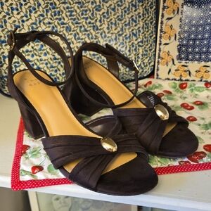 Dark Brown Suede Bibi Strappy Peep Toe Gold Accent Heels